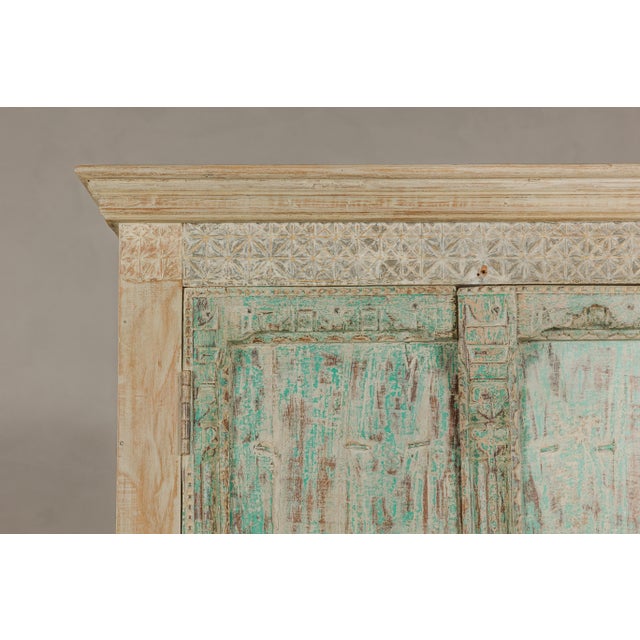 Brown Reclaimed Wood Almirah Armoire with Weathered Green Patina and Three Shelves For Sale - Image 8 of 12