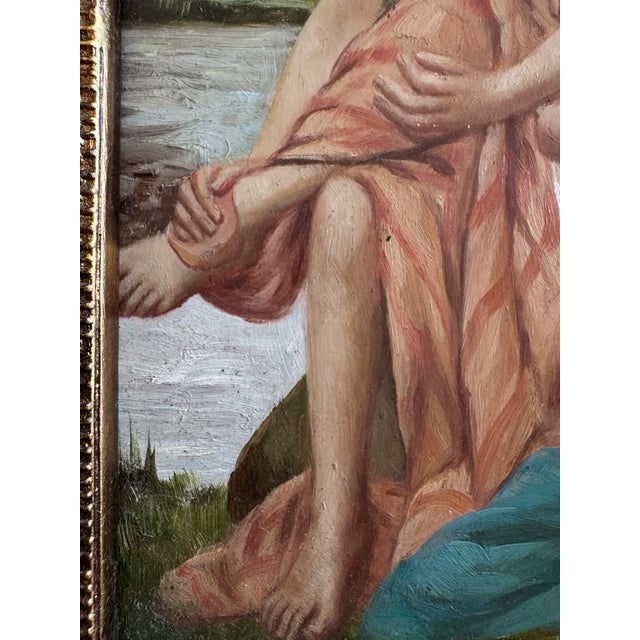 Late 19th Century Antique French Oil on Panel Painting After François-Alfred Delobbe “Le Goûter Après Le Bain” in Ornate Gilt Frame For Sale - Image 5 of 8