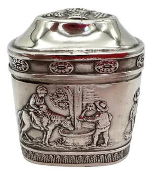 Biedermeier German .800 Silver Snuff Box Domed Lid and Repoussé Pastoral Scenes