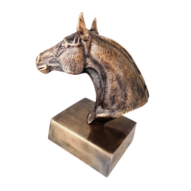 Brass 1970s Antique Brass Finish Metal Hand Carved Horse Head Bust Sculpture For Sale - Image 8 of 10