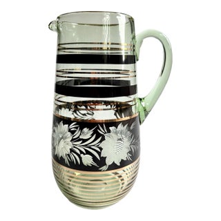 Vintage Mid-Century Modern Bohemian Green Glass Pitcher Cut Flowers, Gold & Black Bands For Sale