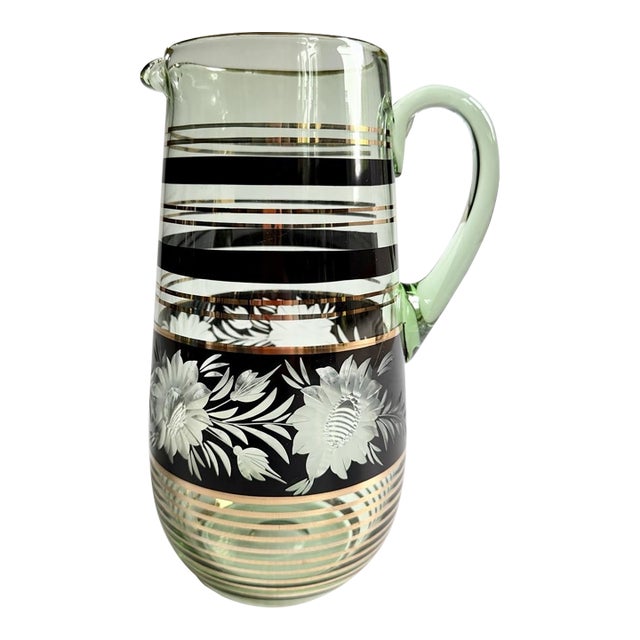 Vintage Mid-Century Modern Bohemian Green Glass Pitcher Cut Flowers, Gold & Black Bands For Sale