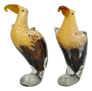 Vintage Murano Style Handblown Art Glass Brown Bald Eagle Bird Figurine - A Pair
