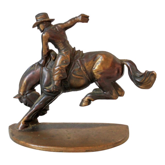 Vintage Russwood Solid Bronze Cowboy Riding Horse Bookend For Sale