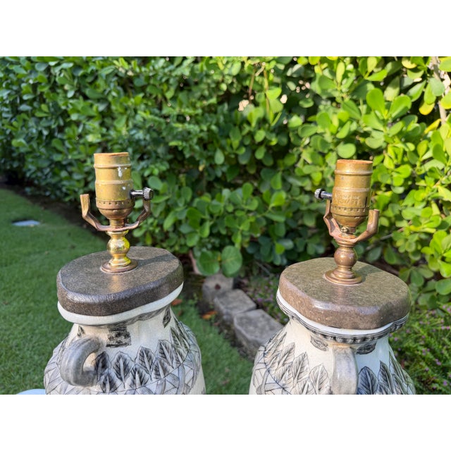 Vintage Oversized Crackle Glaze Art Pottery Urn Lamps, Pair For Sale - Image 9 of 11