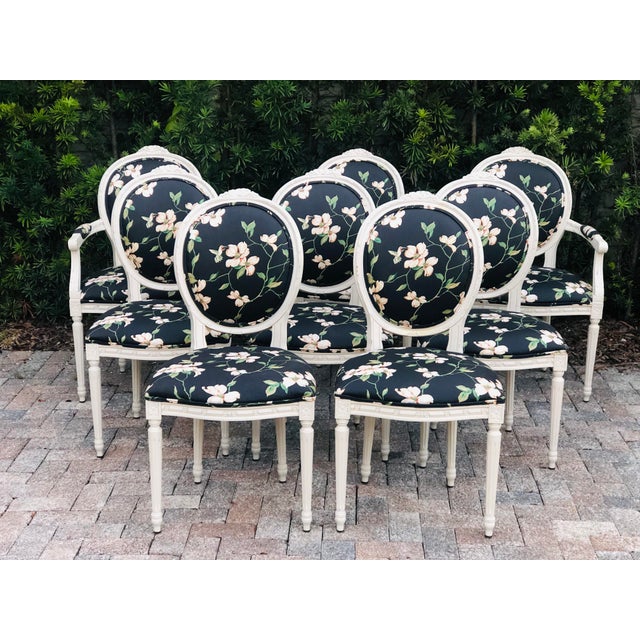 Gorgeous French Maison Jansen style chairs. A warm beige cream painted wood original paint just the perfect distressed...