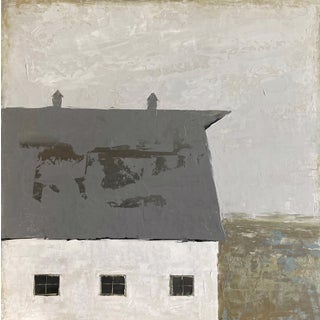 Grey Barn by Sandra Pratt | Oil on Linen Panel of a grey barn under a cloudy sky For Sale