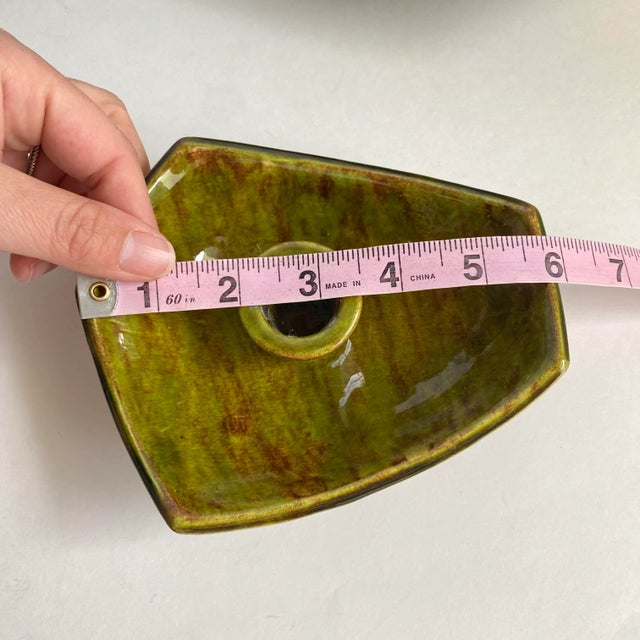 Mid Century 1960s Centerpiece Bowl and Candle Holders Avocado Glaze Ceramic Set of 3 For Sale - Image 9 of 10