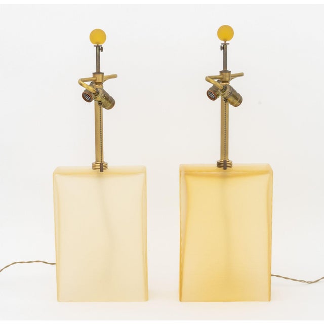 Pair of John Hutton for Donghia Increspato Murano Glass Lamps, yellow rippled glass, two sockets, glass ball finial,...