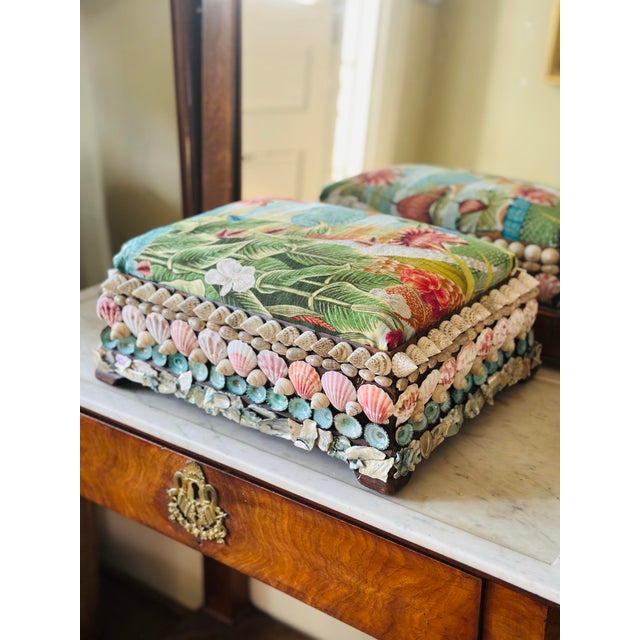 Antique Footstool Covered in Shells, Reupholstered in Designer Velvet For Sale - Image 10 of 11