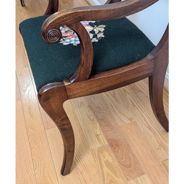 Mid 20th Century Set of 4 Duncan Phyfe / Regency-Revival Mahogany Dining Chairs, C. 1940s–60s — One Armchair, Needlepoint Seats For Sale - Image 5 of 12