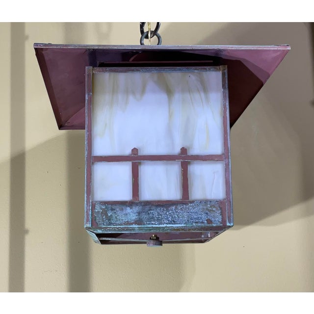 Single Arts & Crafts Brass Lantern Pendant Light With Art Glass For Sale - Image 4 of 12
