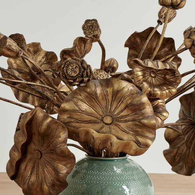 Mid-Century Modern Vintage Bouquet of Carved Wood Lotus Leaves in a Celadon Vase For Sale - Image 3 of 11