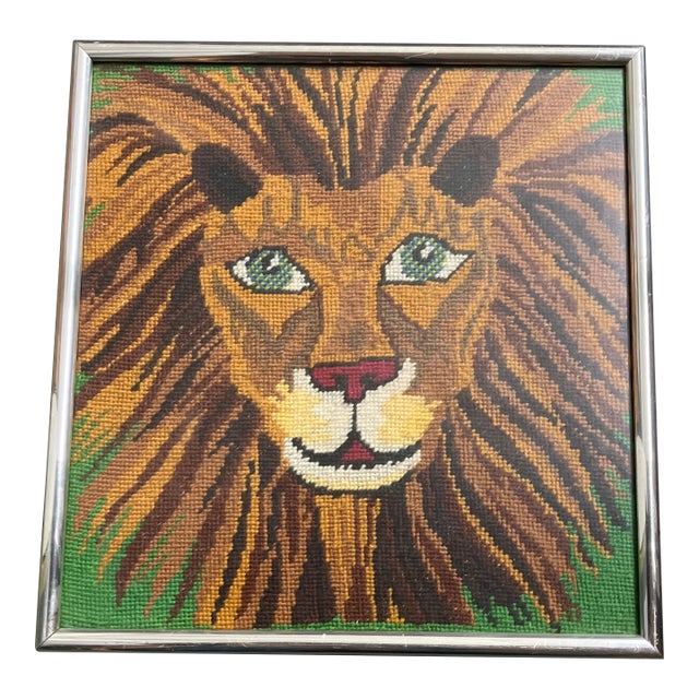 1970’s Original Hand Done Needlepoint of Lion Chrome Original Frame For Sale