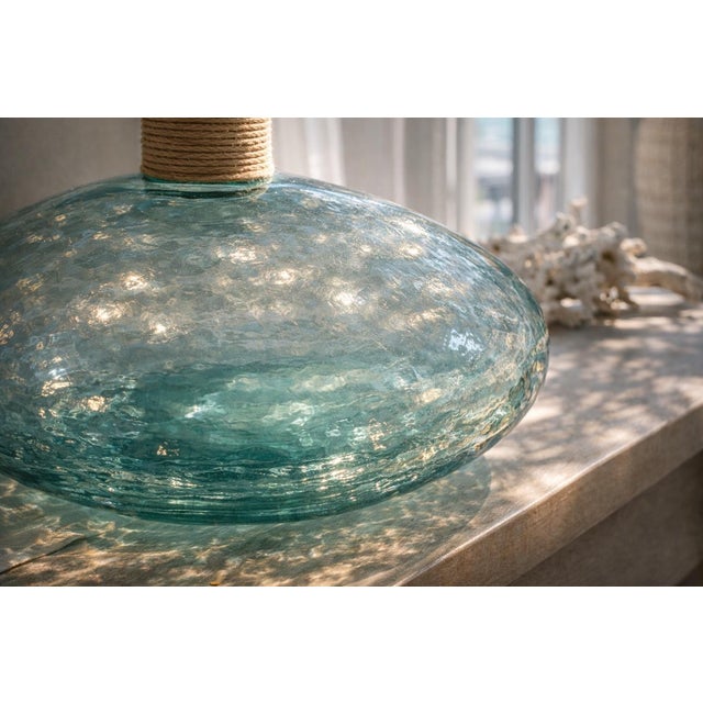 Large Aqua Recycled Glass Demijohn Vessel With Twine-Wrapped Neck – 17” Mediterranean Coastal Bottle For Sale - Image 9 of 9