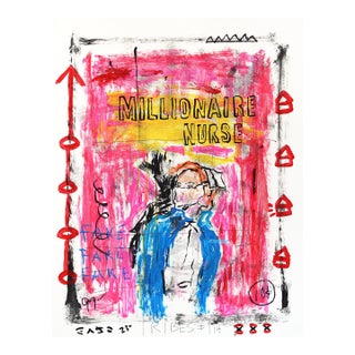 Millionaire Nurse - Original Whimsical Figurative Acrylic Pop Art Painting on Newspaper by Gary John For Sale