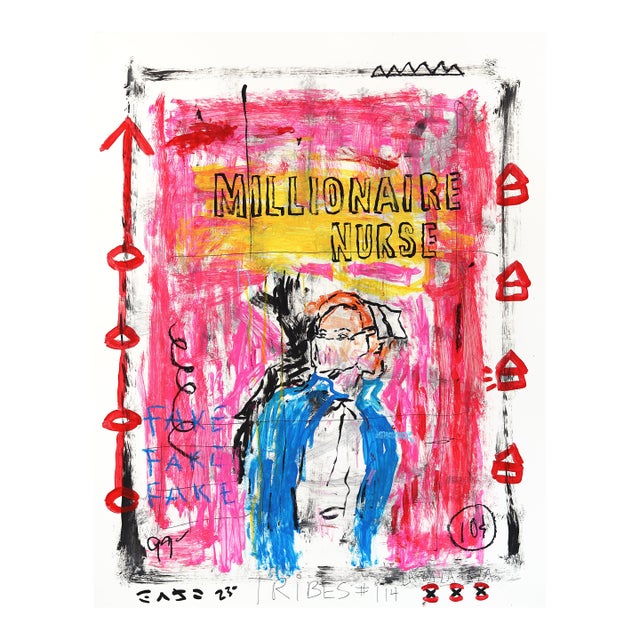 Millionaire Nurse - Original Whimsical Figurative Acrylic Pop Art Painting on Newspaper by Gary John For Sale
