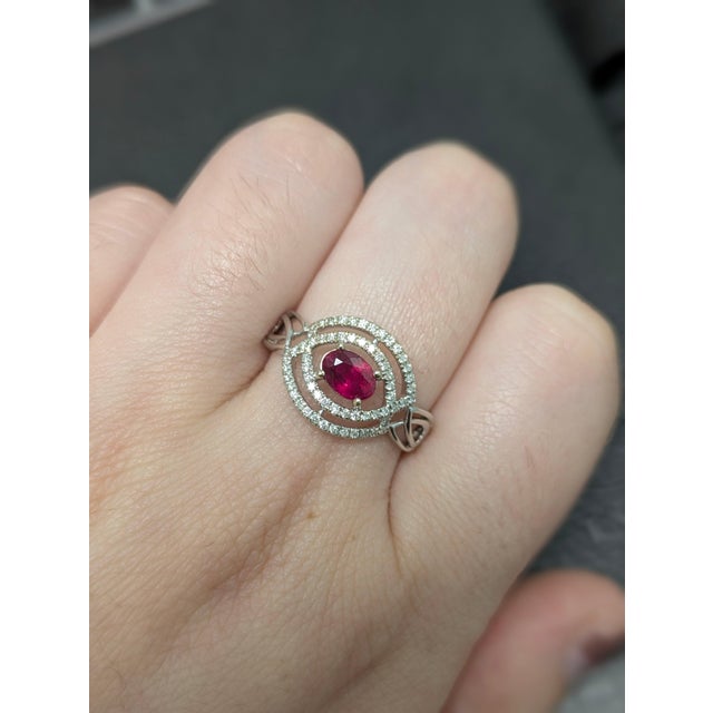 Celtic Inspired East West Mozambique Ruby and Natural Diamond Ring in 14k Gold, Size 6.75 For Sale - Image 11 of 11