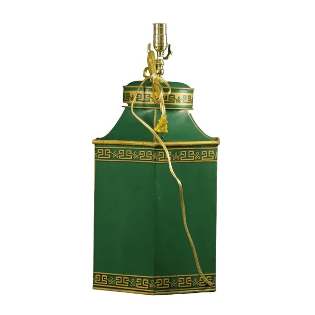 Avocado Pair Vintage English Export Tea Caddy Hand-Painted Chinoiserie Figurines Table Lamp.Hand Drawn Table Lamp, Retro Table Lamp For Sale - Image 8 of 9