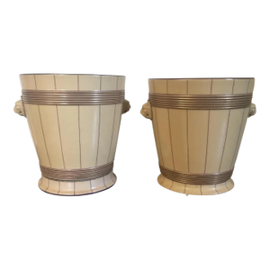 Antique 19th Century French Paris Porcelain Apricot Cachepot Planters & Stands With Lion Mask Handles Empire Taste - A Pair