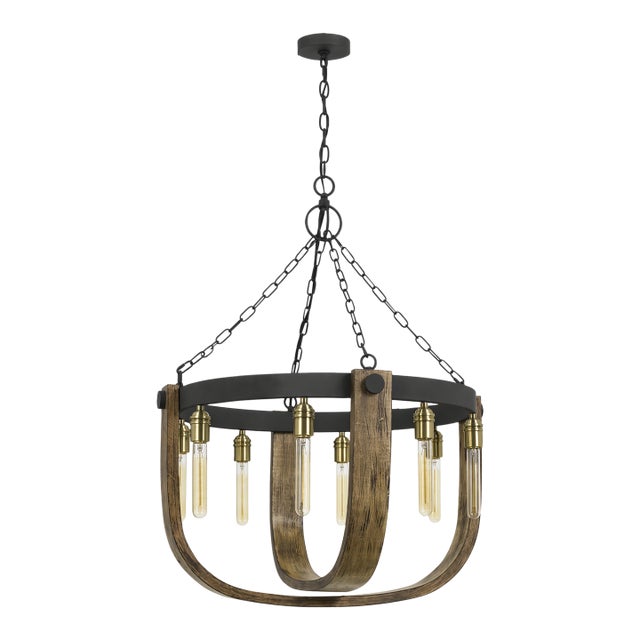 Apulia Rustic Wood & Iron Chandelier, 30" Round, 8-Light Industrial Farmhouse For Sale