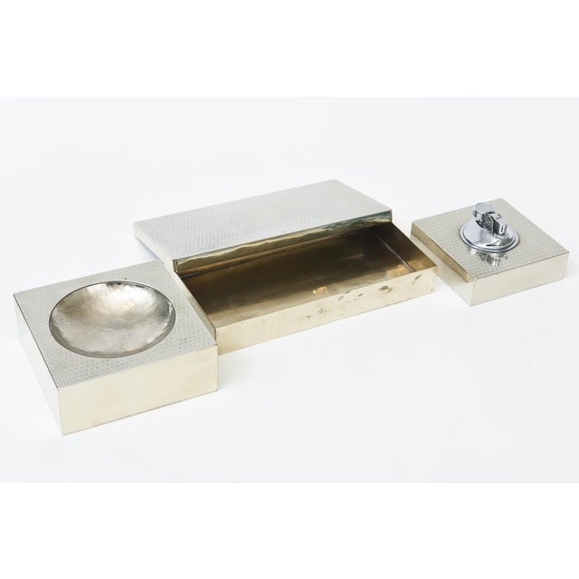Modern Vintage Italian Embossed Silver-Plate Desk Set Bowl, Box and Lighter For Sale - Image 3 of 12