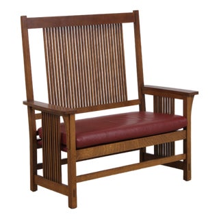 Stickley Mission Oak Leather Spindle Settee For Sale