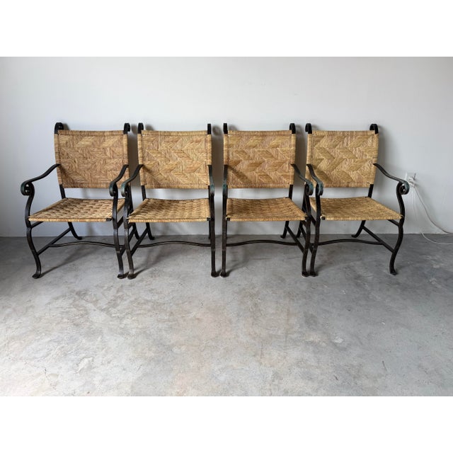 Contemporary Organic Modern Hand-Wrought Iron & Woven Raffia Armchairs – Set of 4 For Sale - Image 3 of 13