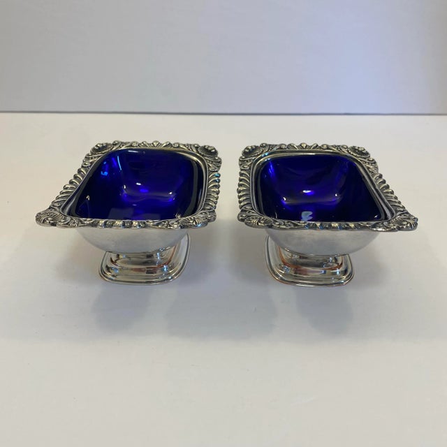 Vintage Ellis Barker English Silver Plate Cobalt Glass Salt Cellars - a Pair For Sale - Image 10 of 10