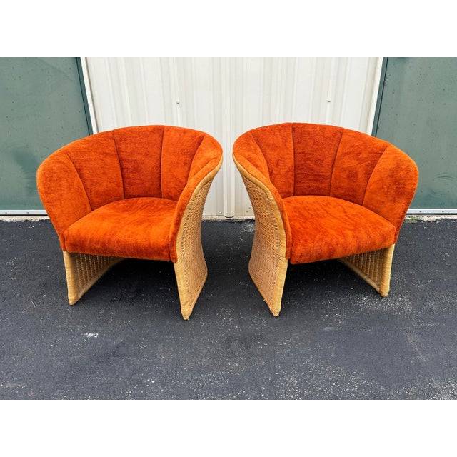Mid-Century Modern 1960's Sculptural Rattan Barrel Chairs in Original Orange Chenille- A Pair For Sale - Image 3 of 12