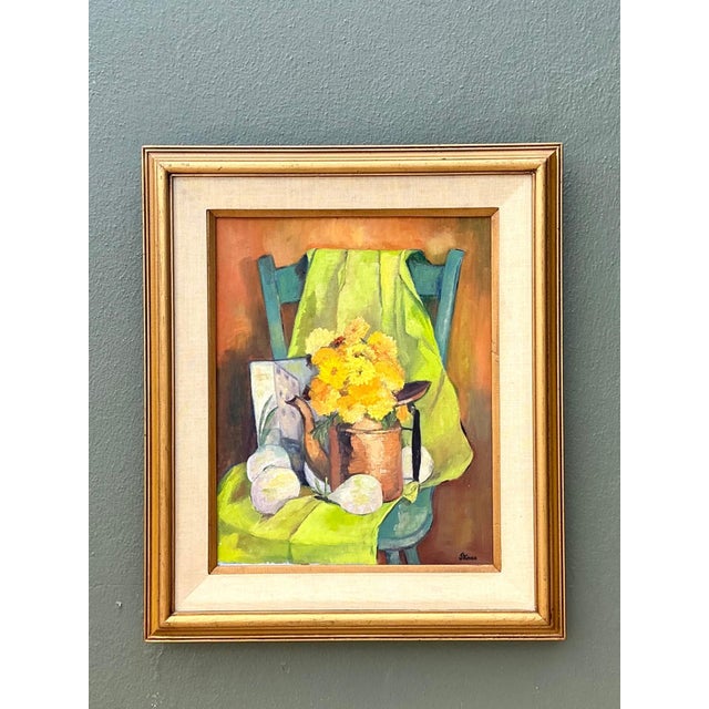 This striking mid-century original work by artist J. Knox captures a vivid still life scene with exceptional energy and a...
