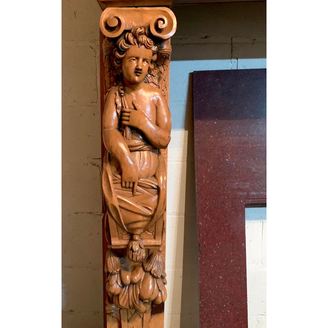 Renaissance Revival Style Carved Oak Mantel With Eagles, Rams Heads, Mermaids, Cherubim and "Green Men" For Sale - Image 4 of 9