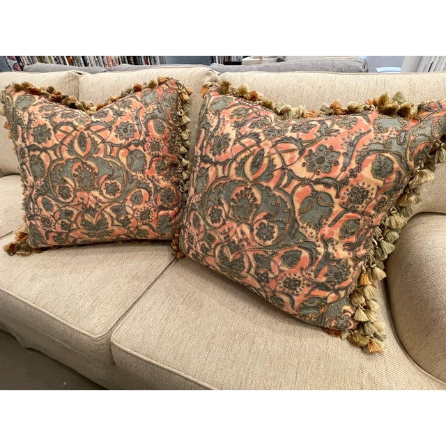 Stunning pair of hand beaded Fortuny pillows. These are truly rare and hard to come by. All hand beading done around the...