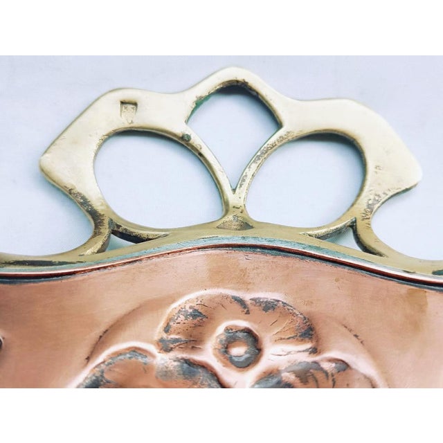 Metal Antique Art Nouveau Embossed Brass Tray with Openwork Handles For Sale - Image 7 of 18