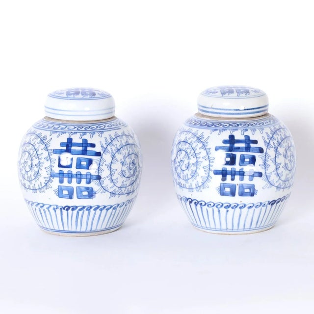 Ceramic Pair of Chinese Blue and White Porcelain Double Happiness Tea Caddies For Sale - Image 7 of 7