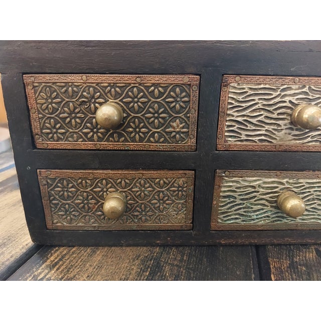 Vintage Elegant Indian 6-Drawer Stamped Metal & Wood Jewelry Trinket Chest For Sale - Image 10 of 13