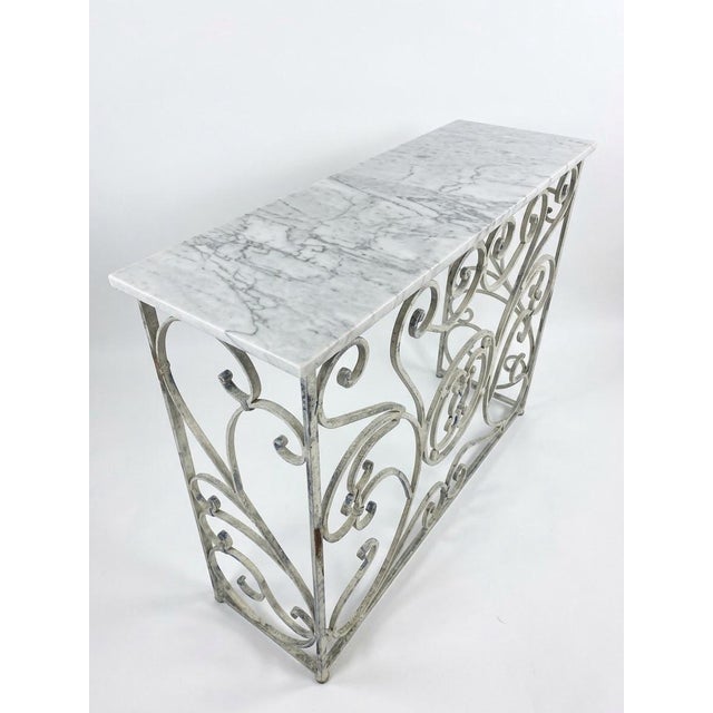 Vintage French Country Whitewashed Wrought Iron Console Table With Marble Top For Sale - Image 4 of 12