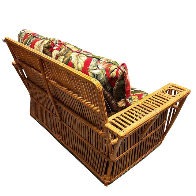 1990s Deco Style "Presidents" Stick Reed Rattan Nantucket 3-Seat Sofa, Floral Cushions For Sale - Image 4 of 8