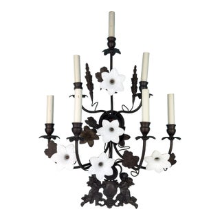 Vintage 7 Light Wrought Iron Wall Sconce With Milk Glass Flowers & Cherub Motif Matching Sconce Available Separately For Sale