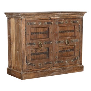 Cabinet/Buffet Constructed From Antique Indian Carved Teakwood and Brass Door Panels and Reclaimed Wood For Sale