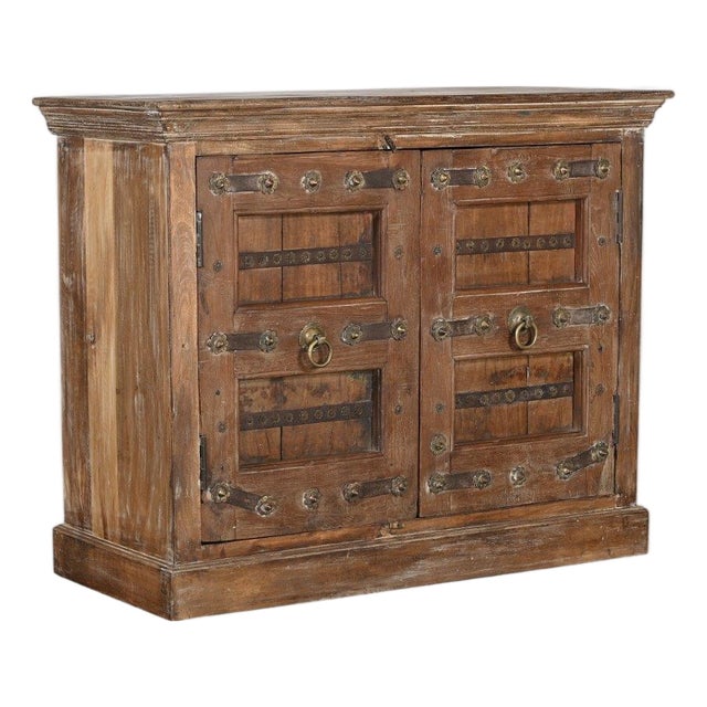 Cabinet/Buffet Constructed From Antique Indian Carved Teakwood and Brass Door Panels and Reclaimed Wood For Sale