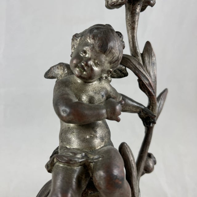 Late 19th Century French Putti Cherub Candlesticks Signed Sylvain Kinsburger Spelter & Marble S/2 For Sale - Image 5 of 13