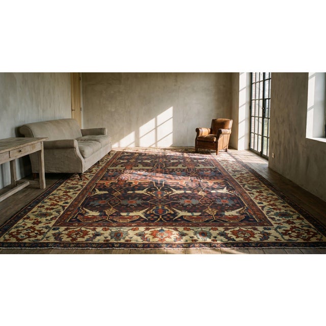 1880s Blue Navy Floral Antique W. Persian Bijar Garrus Rug 11'3" X 18'10" Handknotted Wool Carpet For Sale - Image 9 of 9
