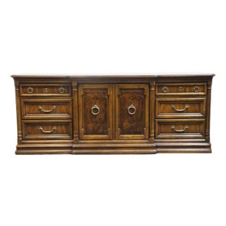 Drexel Heritage Cameo Collection Burled Walnut Italian Neoclassical Tuscan Style 78" Triple Door Dresser 002-132 For Sale