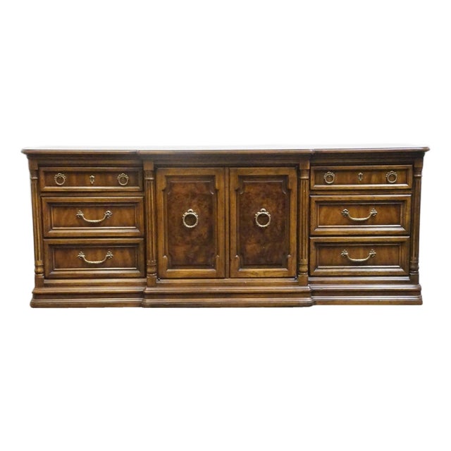 Drexel Heritage Cameo Collection Burled Walnut Italian Neoclassical Tuscan Style 78" Triple Door Dresser 002-132 For Sale