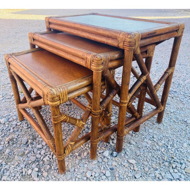 1990s Vintage Bamboo and Walnut Nesting Tables/Set of Three. For Sale - Image 5 of 10