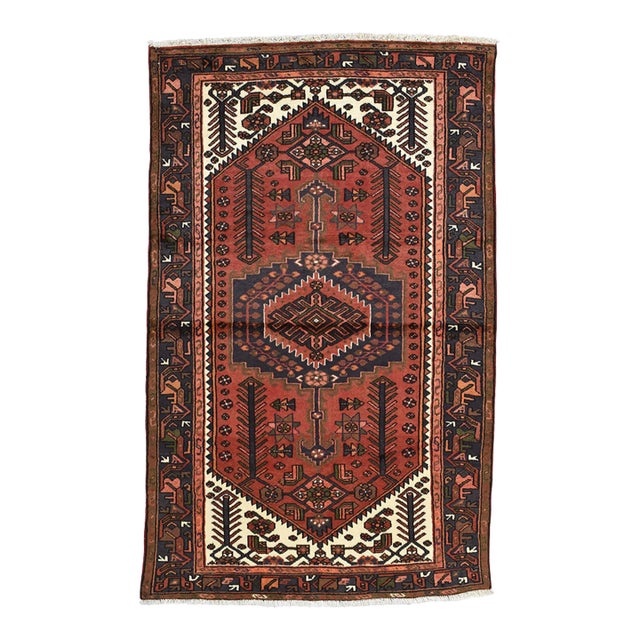 Zanjan Rug 4'2'' X 6'7'' Red Wool Vintage Tribal Hand-Knotted Oriental Carpet For Sale