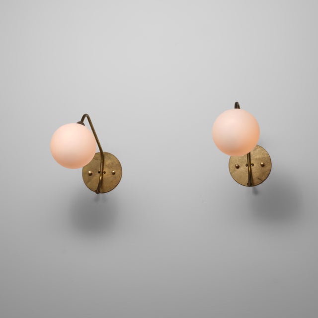 Gold Large Italian Brass and Opaline Glass Wall Sconces, 1950s, Set of 2 For Sale - Image 8 of 12