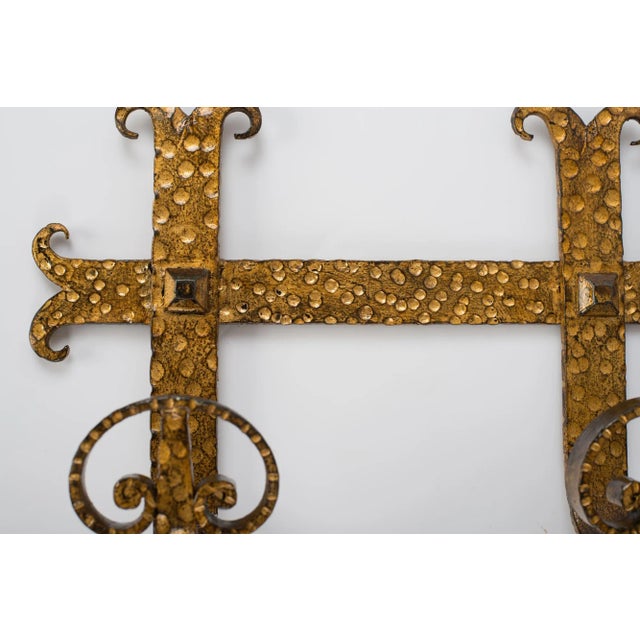 Magnificent 1960s Spanish Brutalist Hand-Forged Gilt Iron Wall Coat and Hat Rack by Ferro Art. Masterfully handcrafted in...