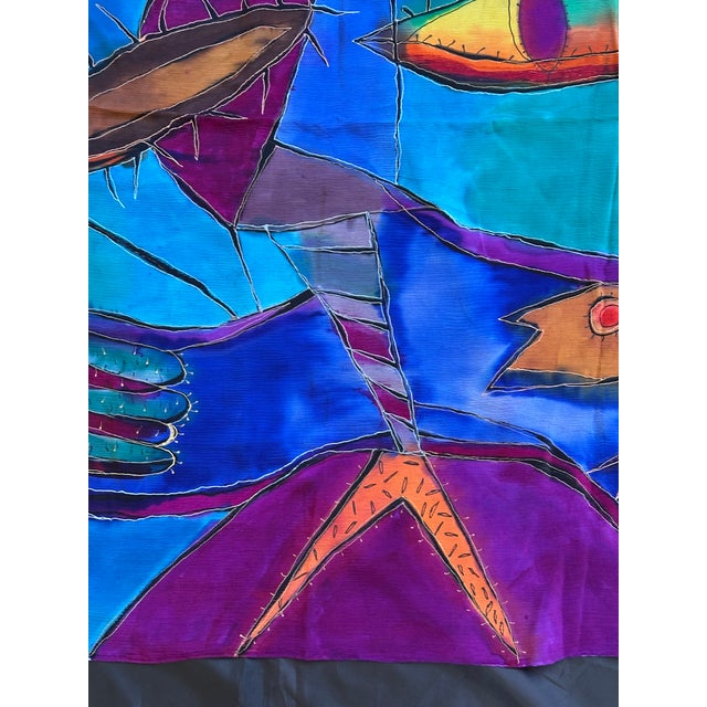 1980s Surrealist Painting on Textile Silk Fabric Panel For Sale - Image 5 of 11